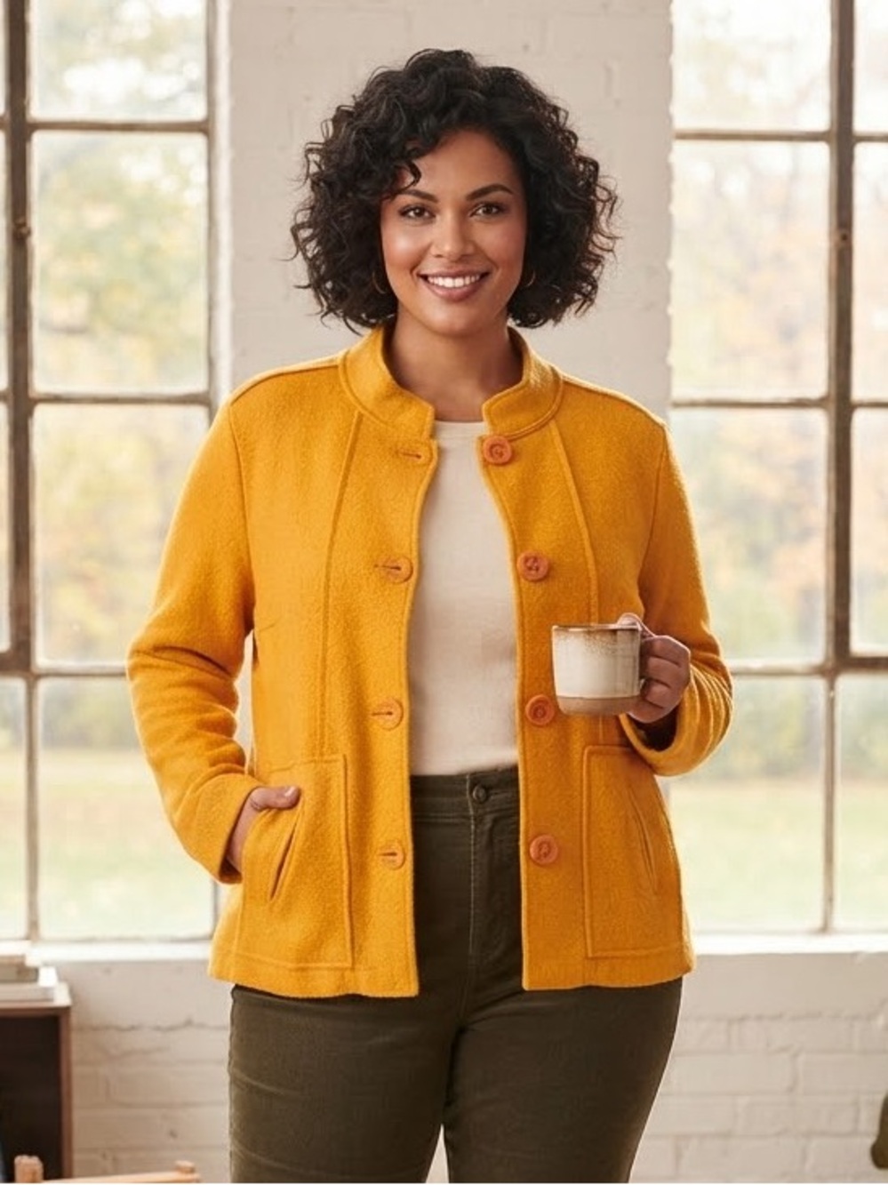 Take 50% OFF-Coldwater Creek Vibrant Golden-Orange Button Front Pea Coat,Size-XL